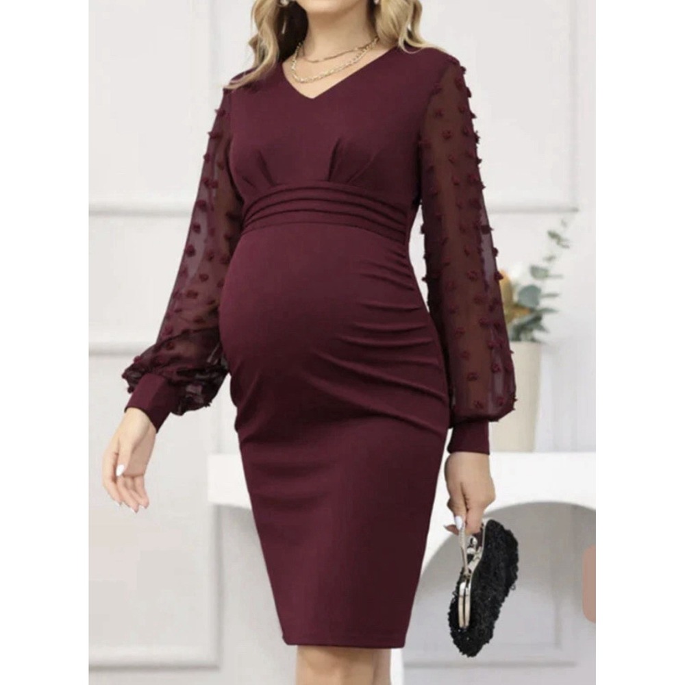 Maacie Maternity Burgundy Long Sleeve Romantic Chic Baby Shower Dress Large‎ NWT